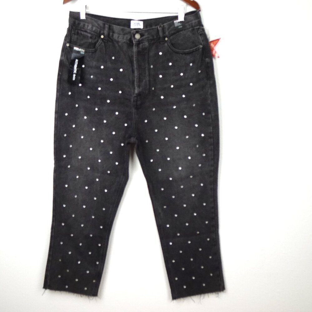 Rhinestone Jeans Simple Society Size 17 Gray Button Fly Cropped Straight Frayed